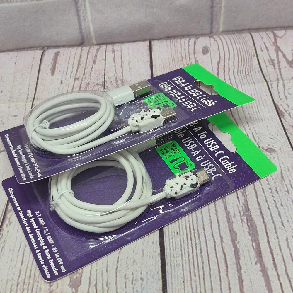 E-Circuit 2PK Dalmatian Dog USB-A to USB-C Charging Data Cable 39in White 2.1A